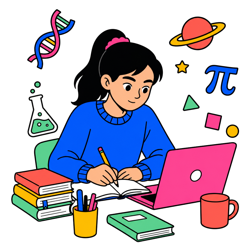 Student studying at a laptop, surrounded by science doodles